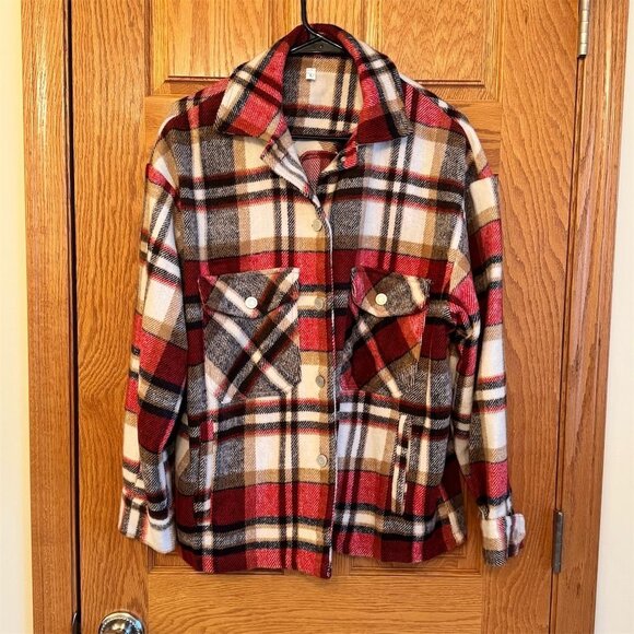 Shein Women's Plaid Button-Up Jacket Red Long Sleeve Size L - Picture 1 of 7